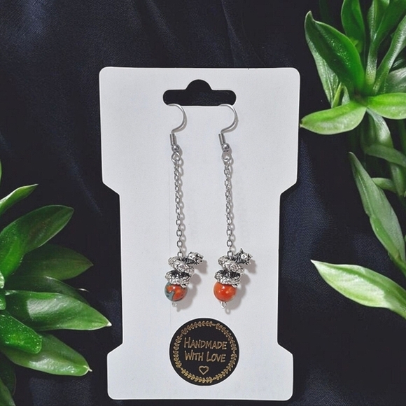 Handmade Dragon Dangle Teal Orange Earrings - Picture 2 of 3